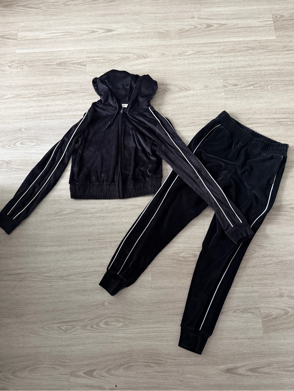 Garage Black Velour Hoodie & Joggers Matching Tracksuit Set with White Stripes